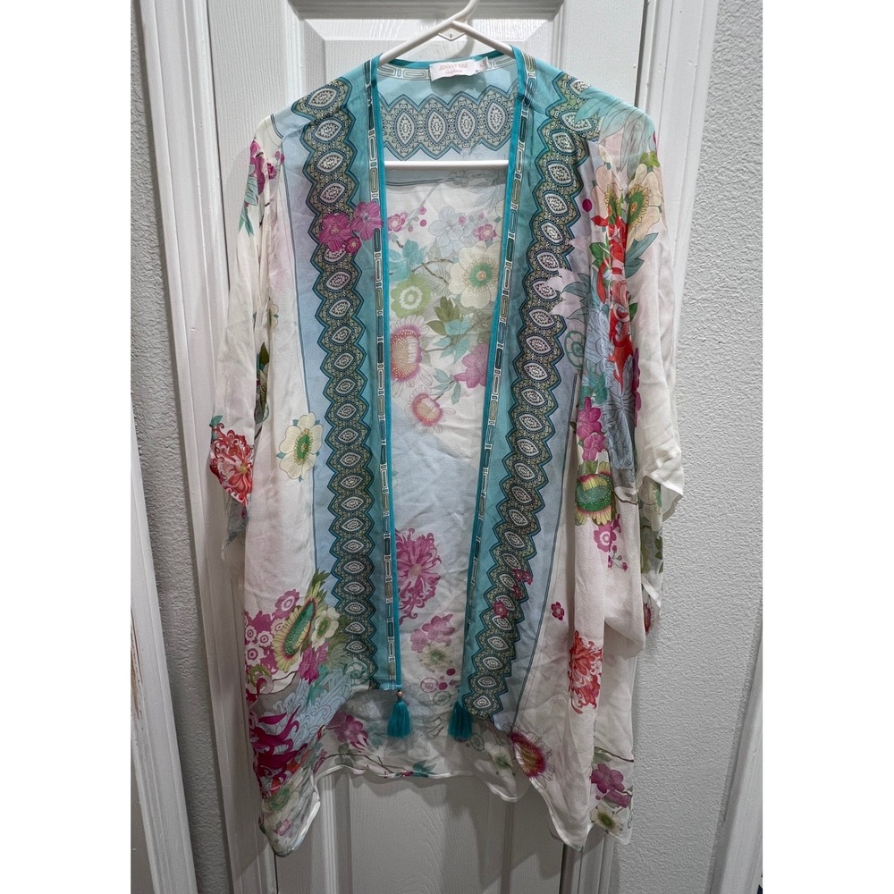 Johnny Was Silk Floral Kimono Wrap Turquoise Tassel Cardigan XL CSW8419-4